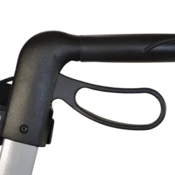 Close-up of rollator walker handle and brake lever.