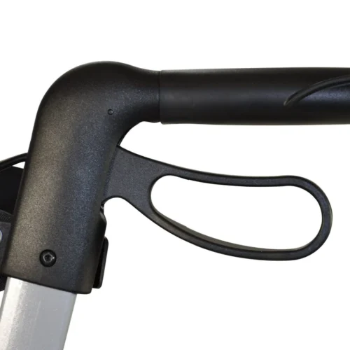 Close-up of rollator walker handle and brake lever.