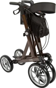 Folded Mobilex Lion rollator with large wheels and a shopping bag.