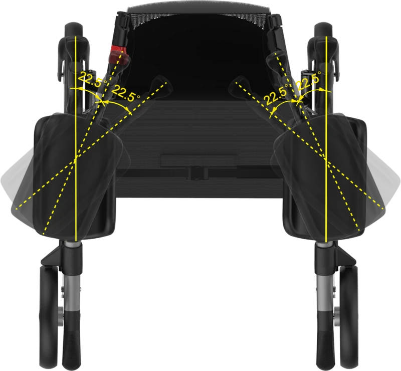 Top view of rollator showing armrest angles.