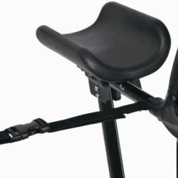 Close-up of an armrest and brake handle on an upright rollator.