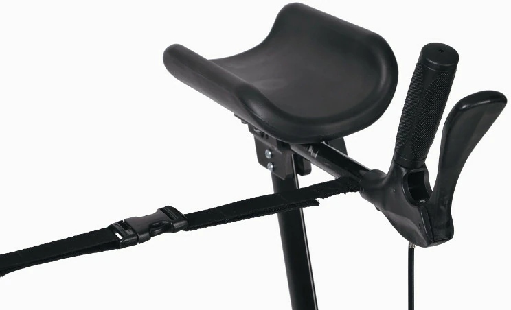 Close-up of an armrest and brake handle on an upright rollator.