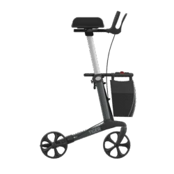 Side view of a Tiger Indoor Rollator with large wheels and a shopping bag.