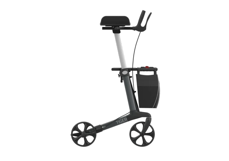 Side view of a Tiger Indoor Rollator with large wheels and a shopping bag.