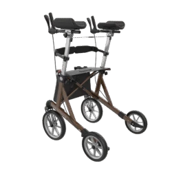 Metallic brown outdoor rollator with forearm supports and four wheels.
