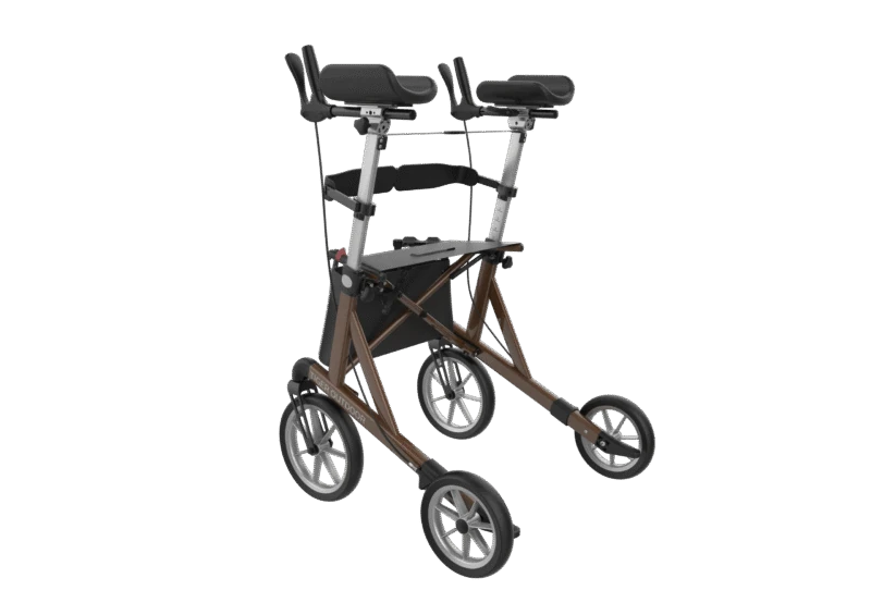 Metallic brown outdoor rollator with forearm supports and four wheels.