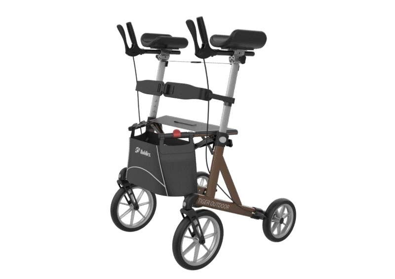 Mobilex Tiger Outdoor Rollator with forearm rests and storage bag.