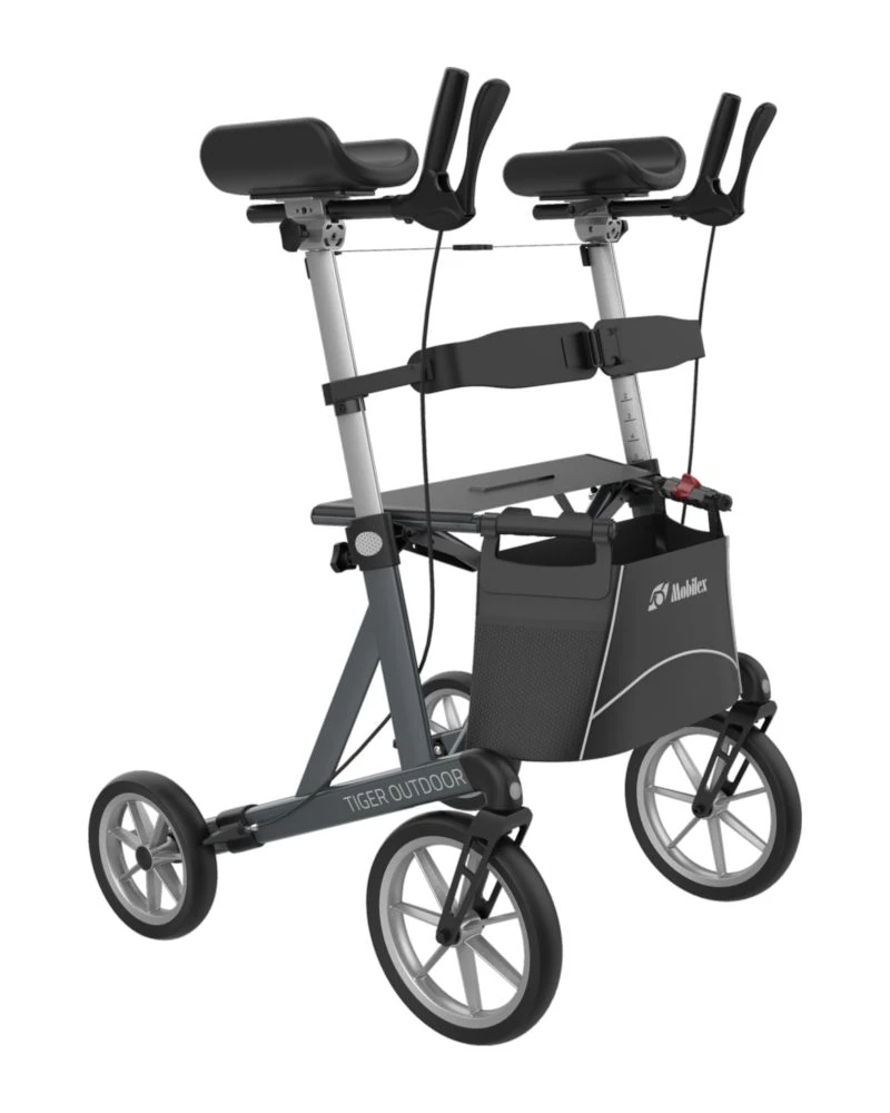Mobilex Tiger Outdoor Rollator with forearm rests and storage bag.