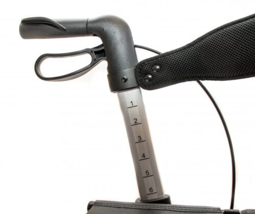 Close-up of rollator handle with height adjustment markings.