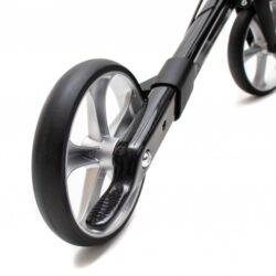 Close-up view of a carbon fiber rollator wheel with a sleek design.