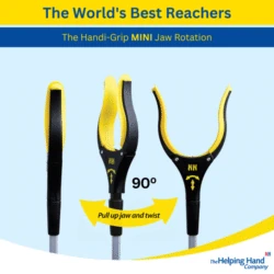 Three views of the Handi-Grip Mini grabber tool with jaw rotation feature.