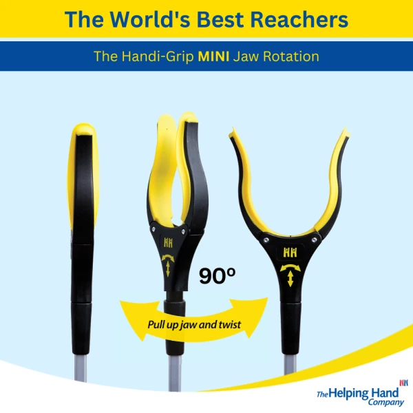 Three views of the Handi-Grip Mini grabber tool with jaw rotation feature.