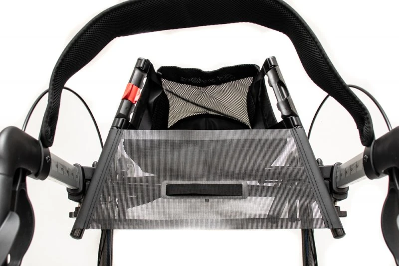 Top view of a Gepard rollator showing handle and mesh storage.