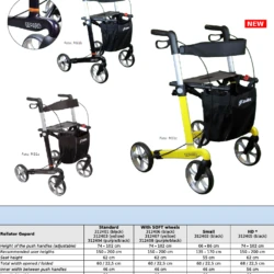 Three Gepard rollators in different colors and styles with specifications chart.