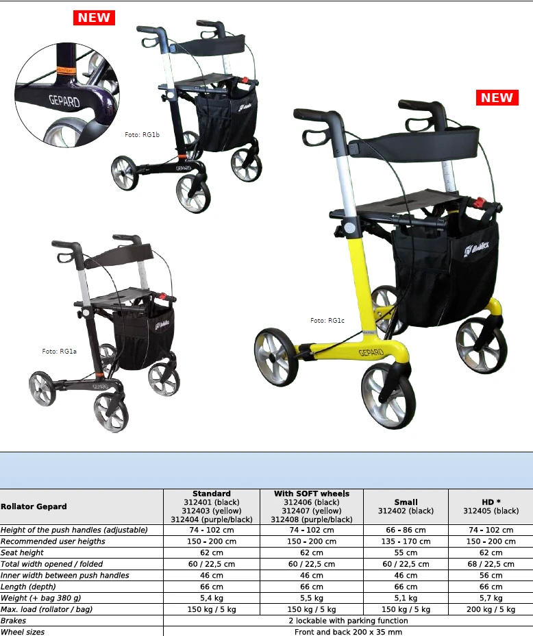 Three Gepard rollators in different colors and styles with specifications chart.