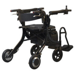 Eezy Roller motorised chair folded, showing wheels and frame.