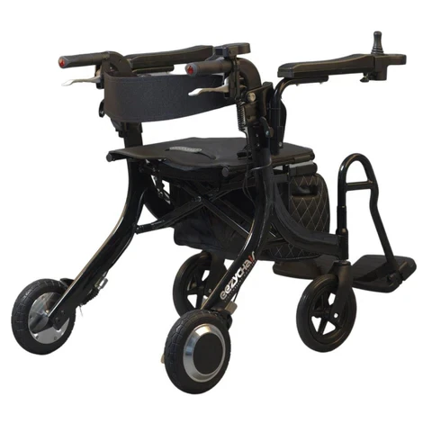 Eezy Roller motorised chair folded, showing wheels and frame.