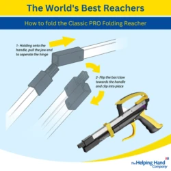 Illustration showing how to fold the Classic PRO Folding Reacher.