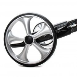 Close-up view of a Gepard Rollator wheel with a sleek silver design.