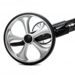 Close-up view of a Gepard Rollator wheel with a sleek silver design.