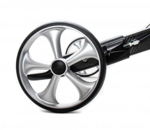 Close-up view of a Gepard Rollator wheel with a sleek silver design.