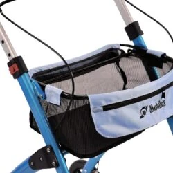 Close-up of a blue indoor rollator with a mesh storage bag.