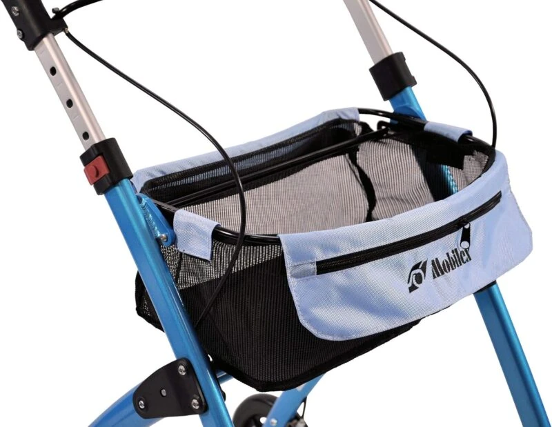 Close-up of a blue indoor rollator with a mesh storage bag.