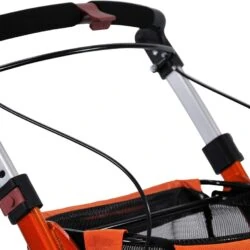 Close-up of the handle and storage area of an orange indoor rollator.