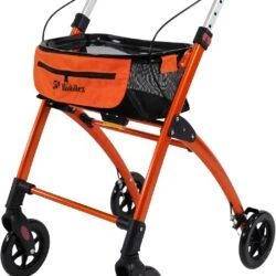Orange rollator with tray and storage bag, featuring four wheels and ergonomic handles.