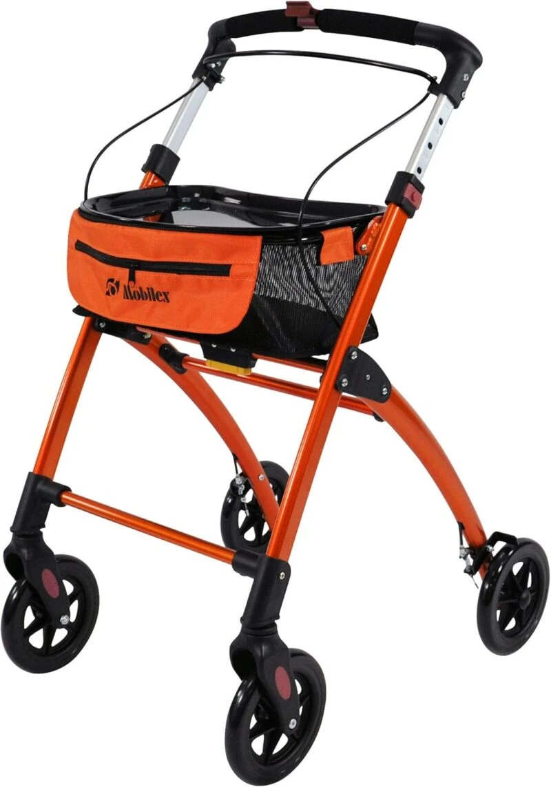 Orange rollator with tray and storage bag, featuring four wheels and ergonomic handles.