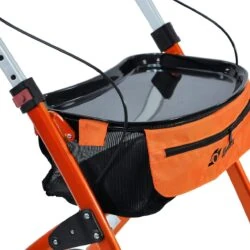 Close-up of the Mobilex Jaguar Indoor Rollator with tray and orange carry bag.