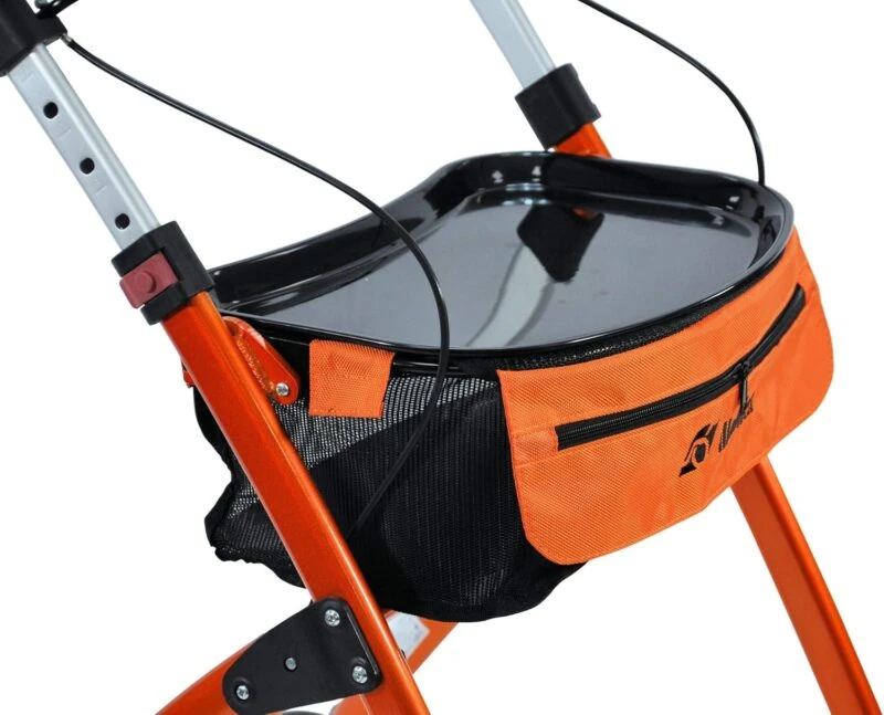 Close-up of the Mobilex Jaguar Indoor Rollator with tray and orange carry bag.