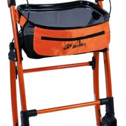 Orange rollator with tray and storage bag, featuring ergonomic handles and smooth wheels.