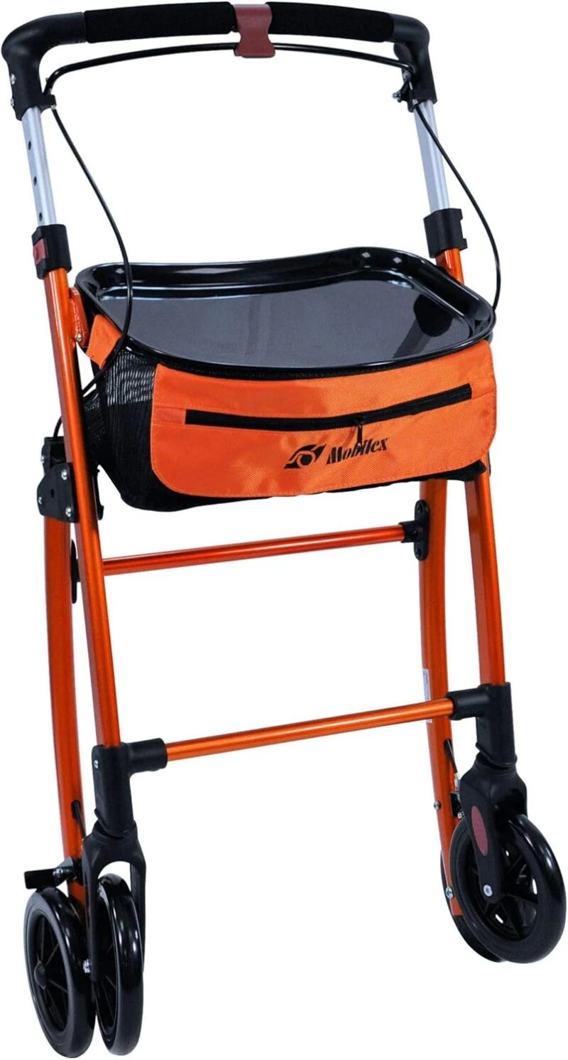 Orange rollator with tray and storage bag, featuring ergonomic handles and smooth wheels.