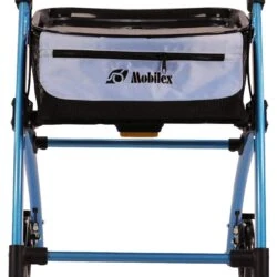 Front view of a blue Mobilex Jaguar Indoor Rollator with a storage bag.