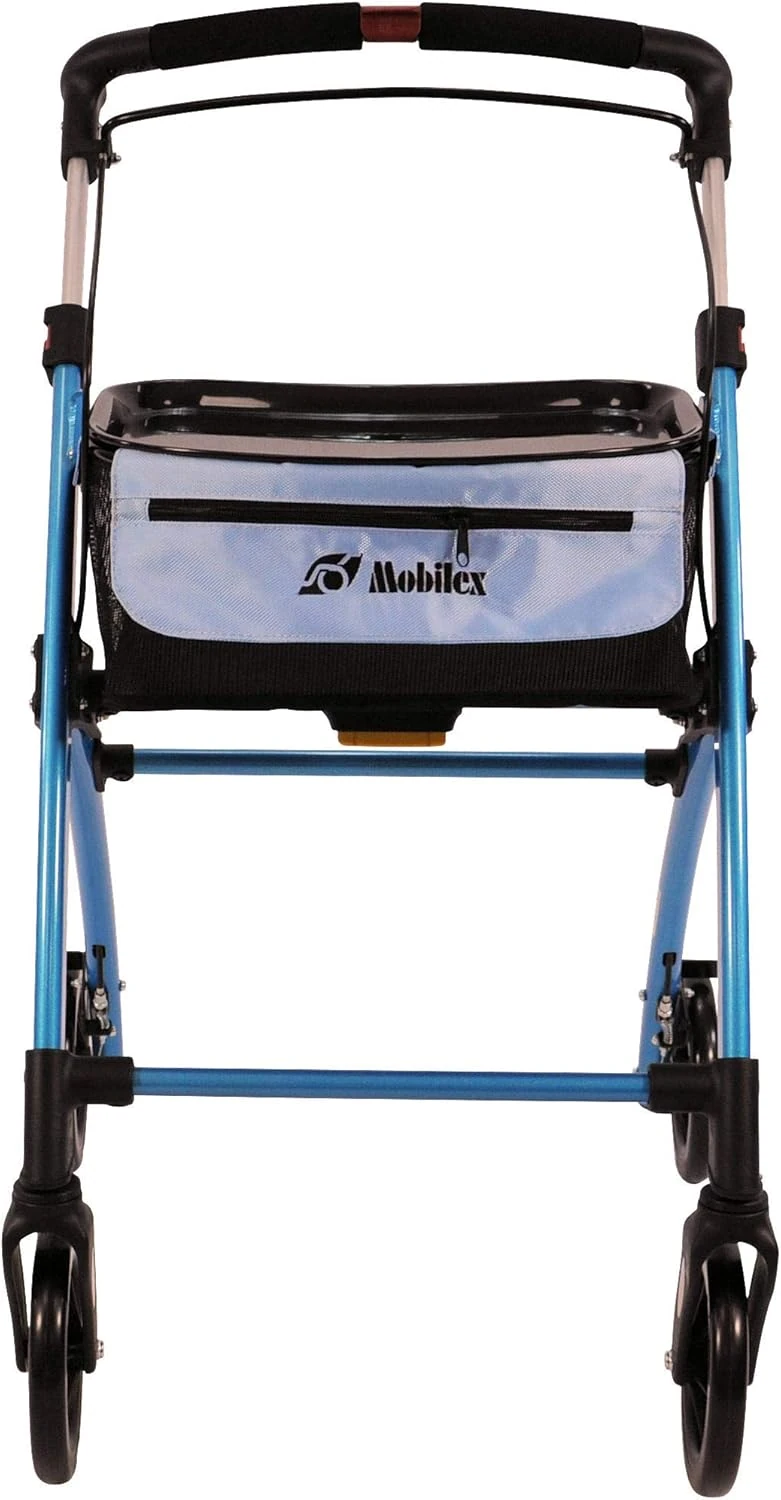 Front view of a blue Mobilex Jaguar Indoor Rollator with a storage bag.