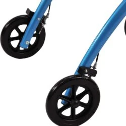 Close-up view of black wheels on a blue rollator frame.