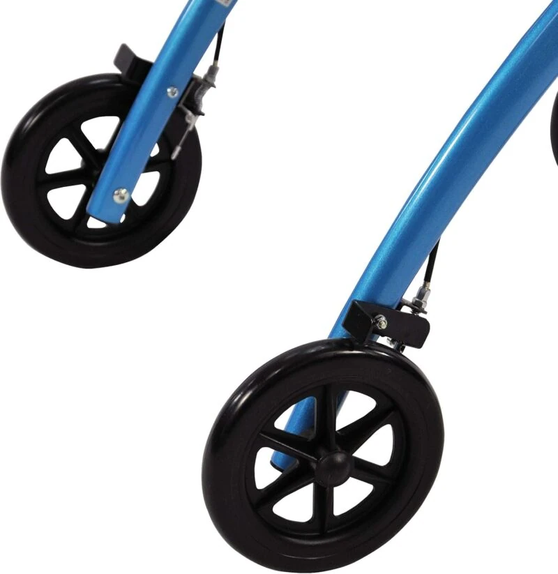 Close-up view of black wheels on a blue rollator frame.