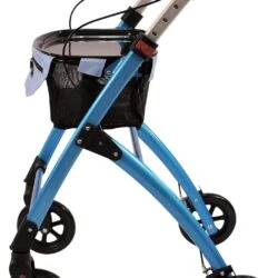 Blue indoor rollator with a tray and storage bag.