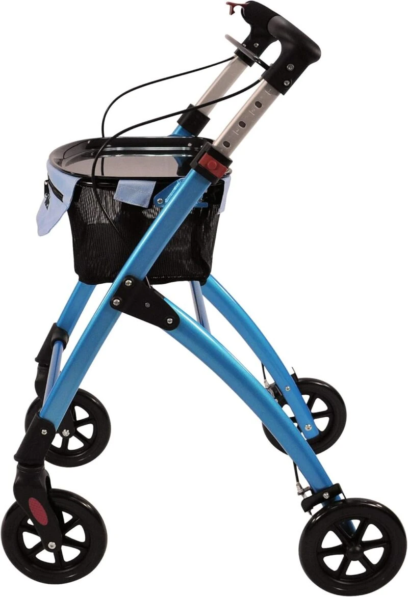 Blue indoor rollator with a tray and storage bag.