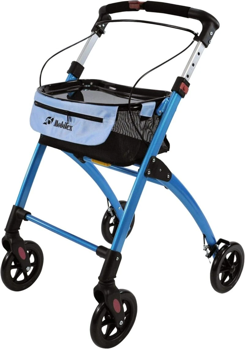 Blue rollator with tray and storage bag, featuring ergonomic handles and smooth wheels.