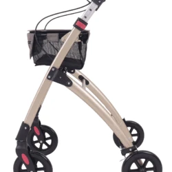Side view of a champagne-colored indoor rollator with a mesh basket.