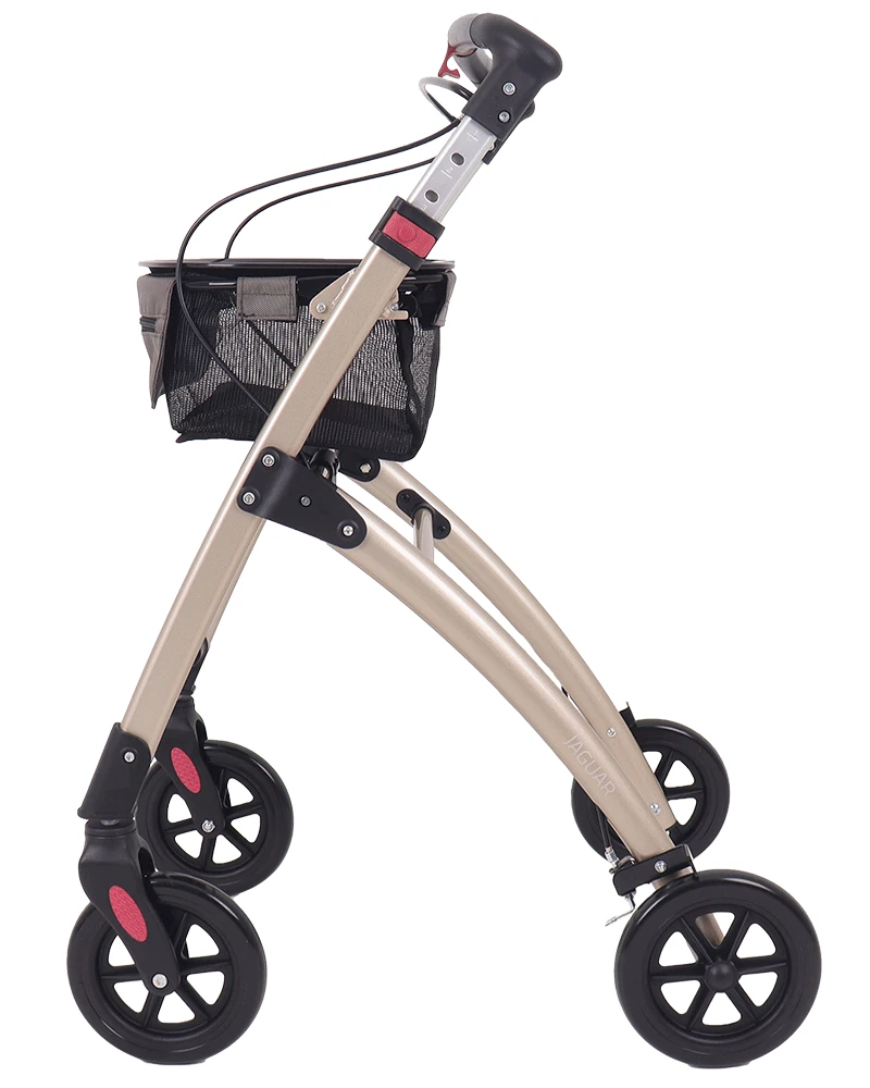 Side view of a champagne-colored indoor rollator with a mesh basket.