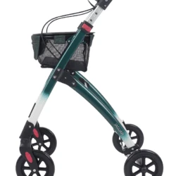 Side view of a green and white indoor rollator with a mesh basket and ergonomic handles.