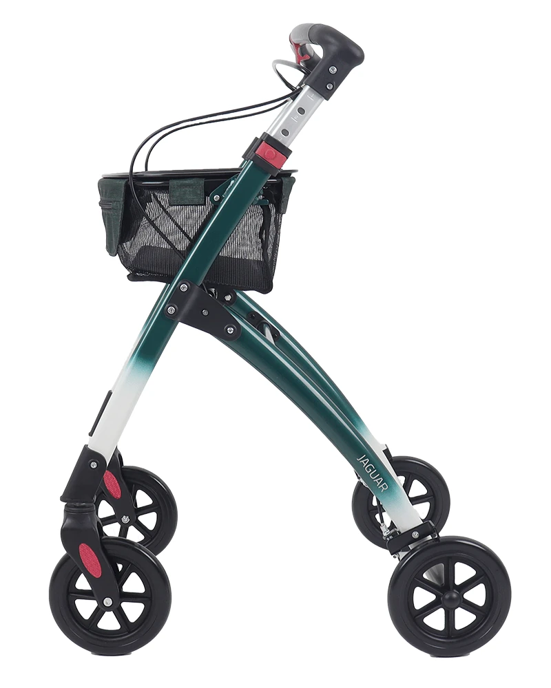 Side view of a green and white indoor rollator with a mesh basket and ergonomic handles.