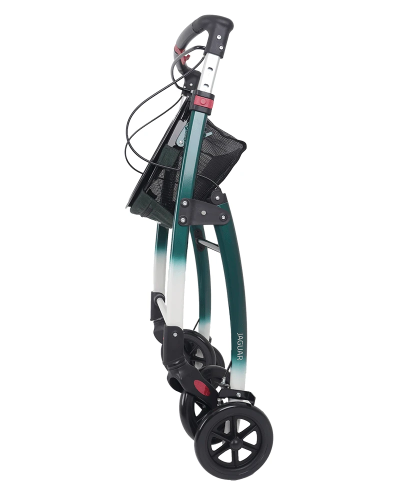 Folded Mobilex Jaguar Indoor Rollator in green and white.