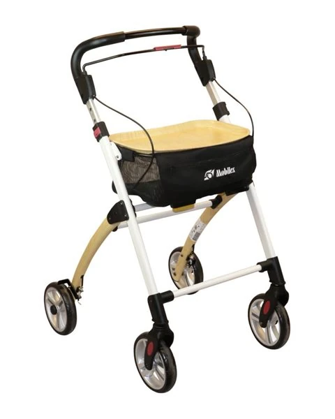 Mobilex Jaguar Indoor Rollator with a wooden texture tray and black carry bag.
