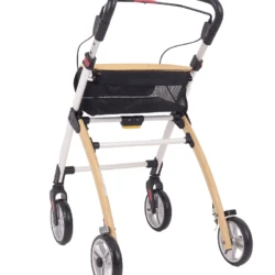 Indoor rollator with tray and black ergonomic handles.