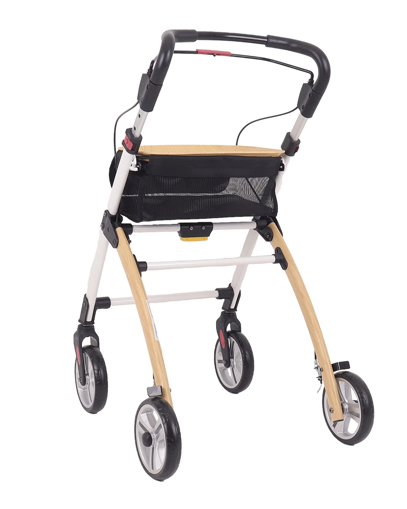 Indoor rollator with tray and black ergonomic handles.