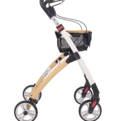Side view of Mobilex Jaguar Indoor Rollator with wooden texture.